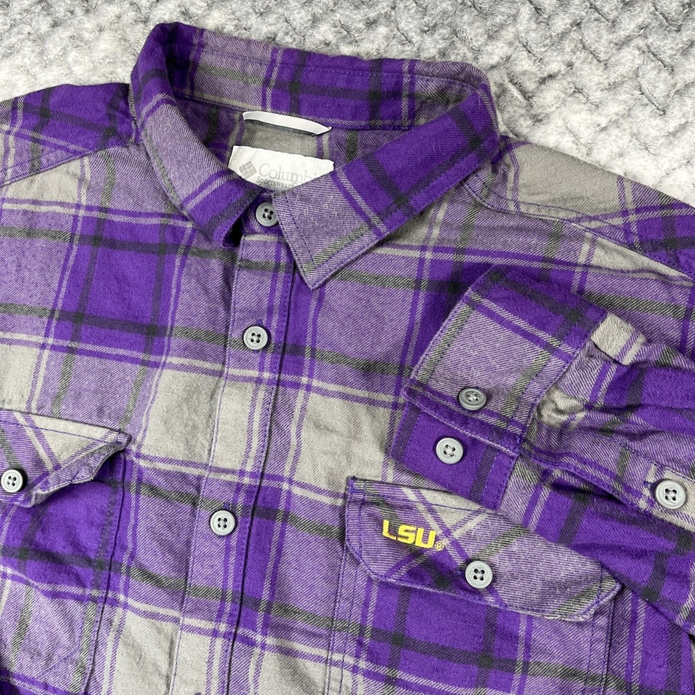 Columbia CLG Flare Gun Flannel Shirt NCAA LSU TIGERS Purple Gray Plaid Mens L